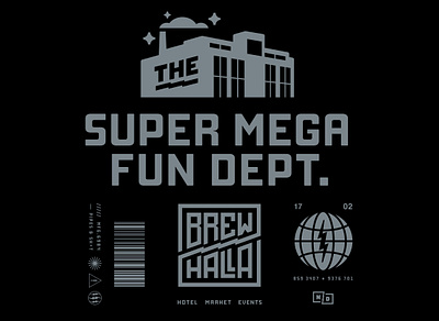 Super Mega Fun Dept. barcode factory fargo flag globe industrial lightning lockup logo north dakota super mega fun