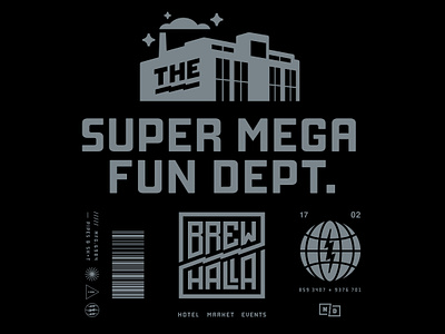 Super Mega Fun Dept. barcode brewhalla factory fargo flag globe industrial lightning lockup logo north dakota super mega fun