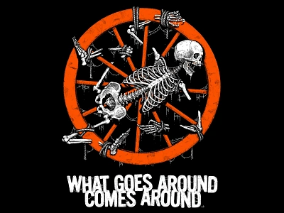 What Goes Around Comes Around black metal bones broken death death metal dungeon heavy metal horror inquisition medieval metal middle ages skeleton skull stippling torture wheel