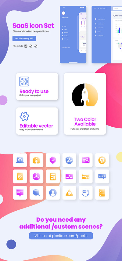 SaaS Icon Set by Pixel True graphics icon pack icons illustration ui vector vector illustration