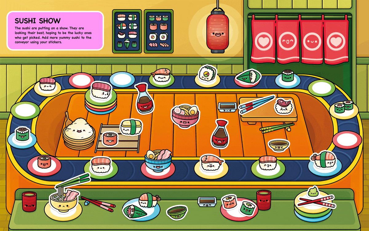 Sushi Show - Super-Cute Kawaii Sticker Book book character design children cute editorial egmont faces food harper collins japan kawaii sticker stickers vector