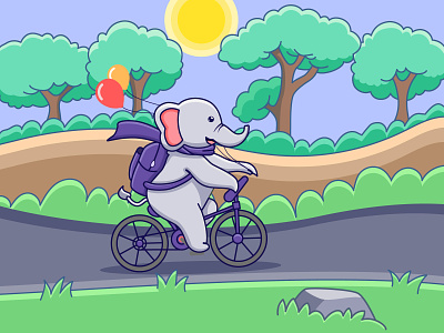 Cute Elephant Cycling On The Road. animal art baby animals back background cute cartoon cute elephant decoration desig elephant elephant cartoon elephant illustration flat flat illustration graphic design icon illustration art nature vector white
