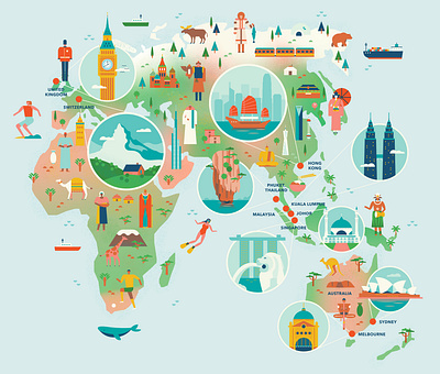 Palace Magazine: Vacation Homes 2d bright colors characters design editorial editorial illustration flat illustration fun icons illustrated map illustration map vector world map