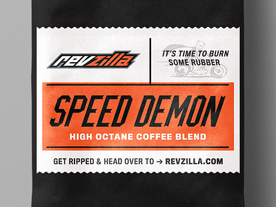 RevZilla coffee label coffee coffeelabel customtype design label moto motorcycle motorcycling revzilla speeddemon typography