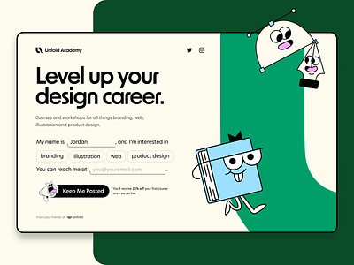 Unfold Academy Landing Page animation bounce colorful course design education forms graphic design input fields interface landing page micro interaction playful principle app ui ux user experience web web illustration website website design