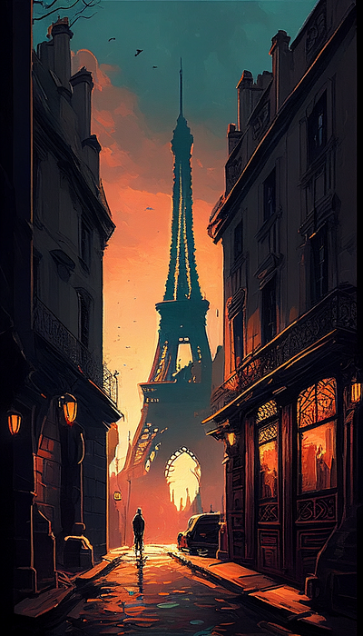 Parisian Twilight: A Romantic Stroll by the Eiffel Tower designer illustration illustrations painting