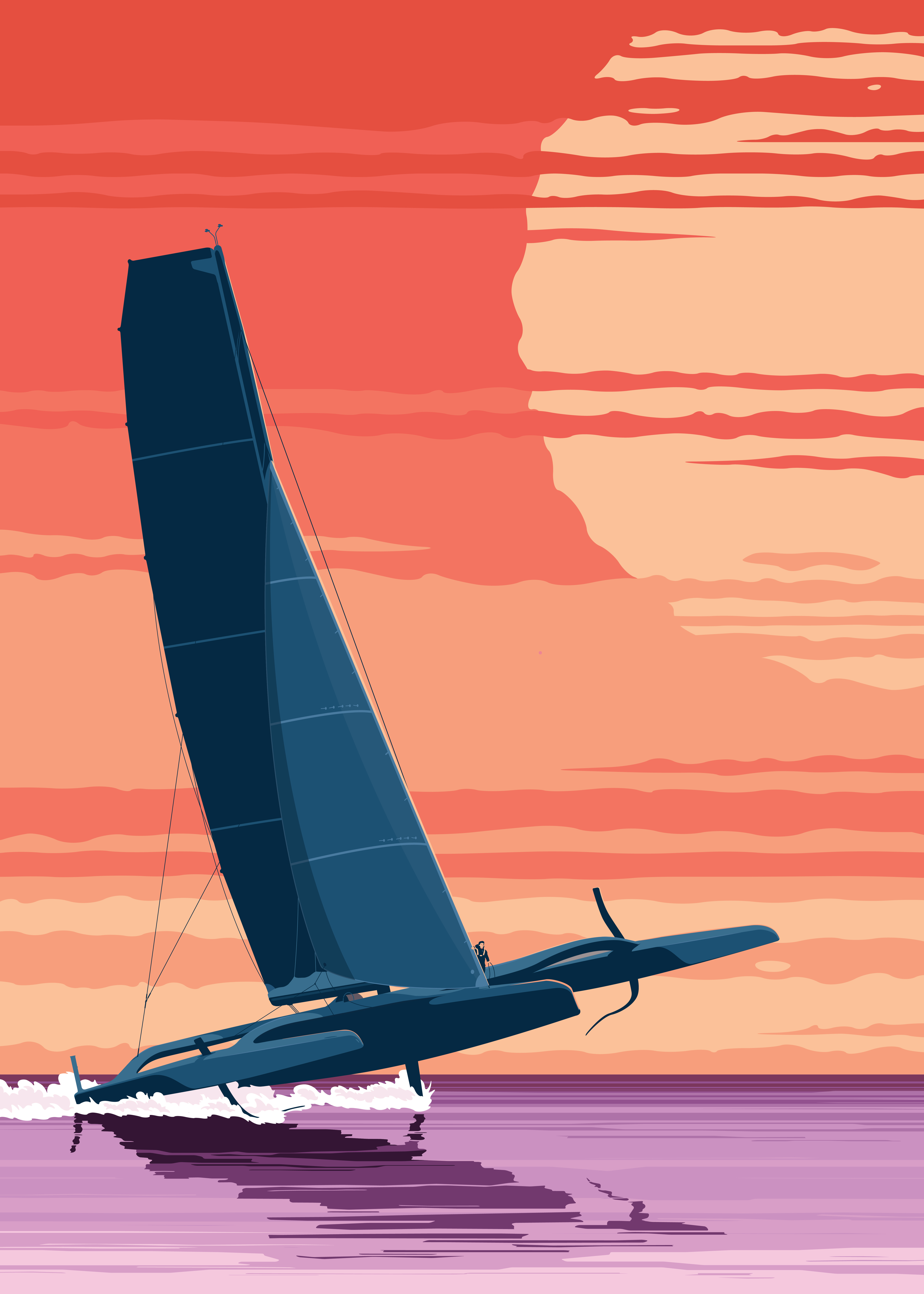 Couche limite boat clouds flat illustration ocean race sail sailing sea sunrise sunset trimaran ultim vector