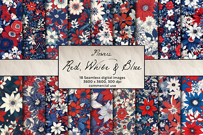 Red White & Blue Flowers Seamless Pattern, Digital Art
