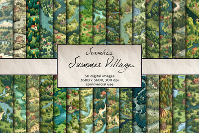 Summer Village Seamless Pattern, Digital Art