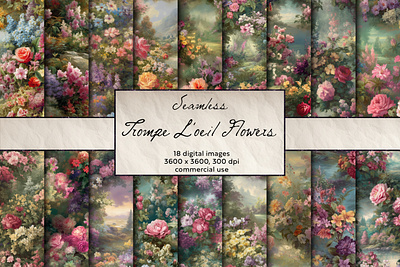 Trompe L'oeil Flowers Seamless Pattern, Digital Art
