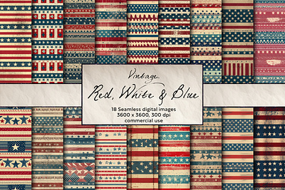 Red White & Blue Vintage Seamless Pattern, Digital Art