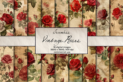 Vintage Roses Seamless Pattern, Digital Art