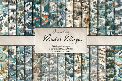 Winter Village Seamless Pattern, Digital Art
