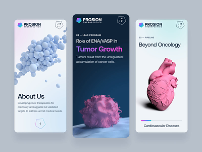 PROSION Therapeutics - Web & UI/UX Interaction 2023 - Mobile 3 anatomy animation biology biotech cancer cure drug fluid gradient health heart interaction medical mobile molecule pharma pill science ui ux