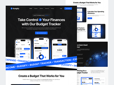 Budgify - Budget Tracker Landing Page accounting analytic budget budget tracker chart component expense finance fintech income landing page mockup money manager product spending tracker transaction transfer wallet web design