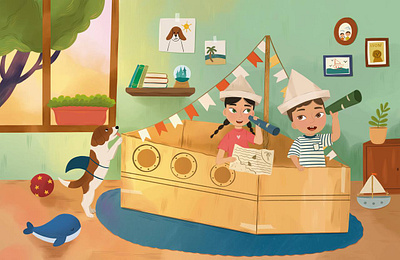 Children on a boat book illustration character children childrensbook dog fun kidlitart puppy