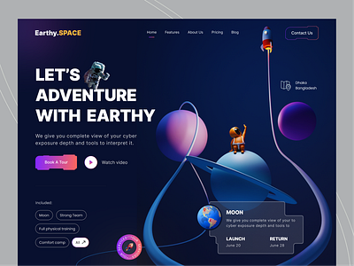 Space Travel Landing Page 🪐🚀 adventure branding dark mode earth earthycolor homepage mockup mrinmoy space trendy ui ui ux web3 website