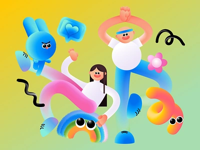 Vibrant playful illustrations characters decorative design tools funny graphic design illustration mobile playful ui vector web design