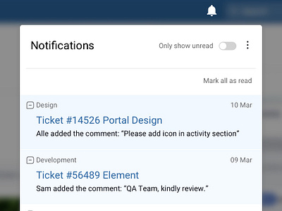 Notifications 49 alert app clean corporate dailyui dates design desktop development mark as all read meny portal qa responsive simple thinking toggle ui ux