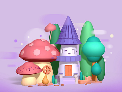 Dreamy castle and Mushrooms- 3D 3d 3d environment 3d illustraion castle design dreamy scene game graphic design illustration