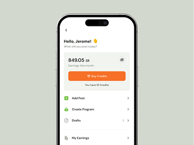 Profile add post app balance button clean credits drafts earnings ios menu mobile mockup money nav profile settings simple ui ux