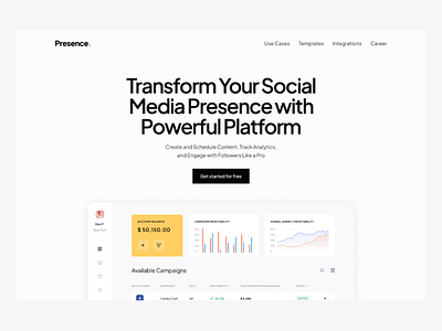 Presence - Social Media Management Platforms branding business dashboard illustration management dashboard minimalist design saas saas platform social media management ui dashboard ui landing page