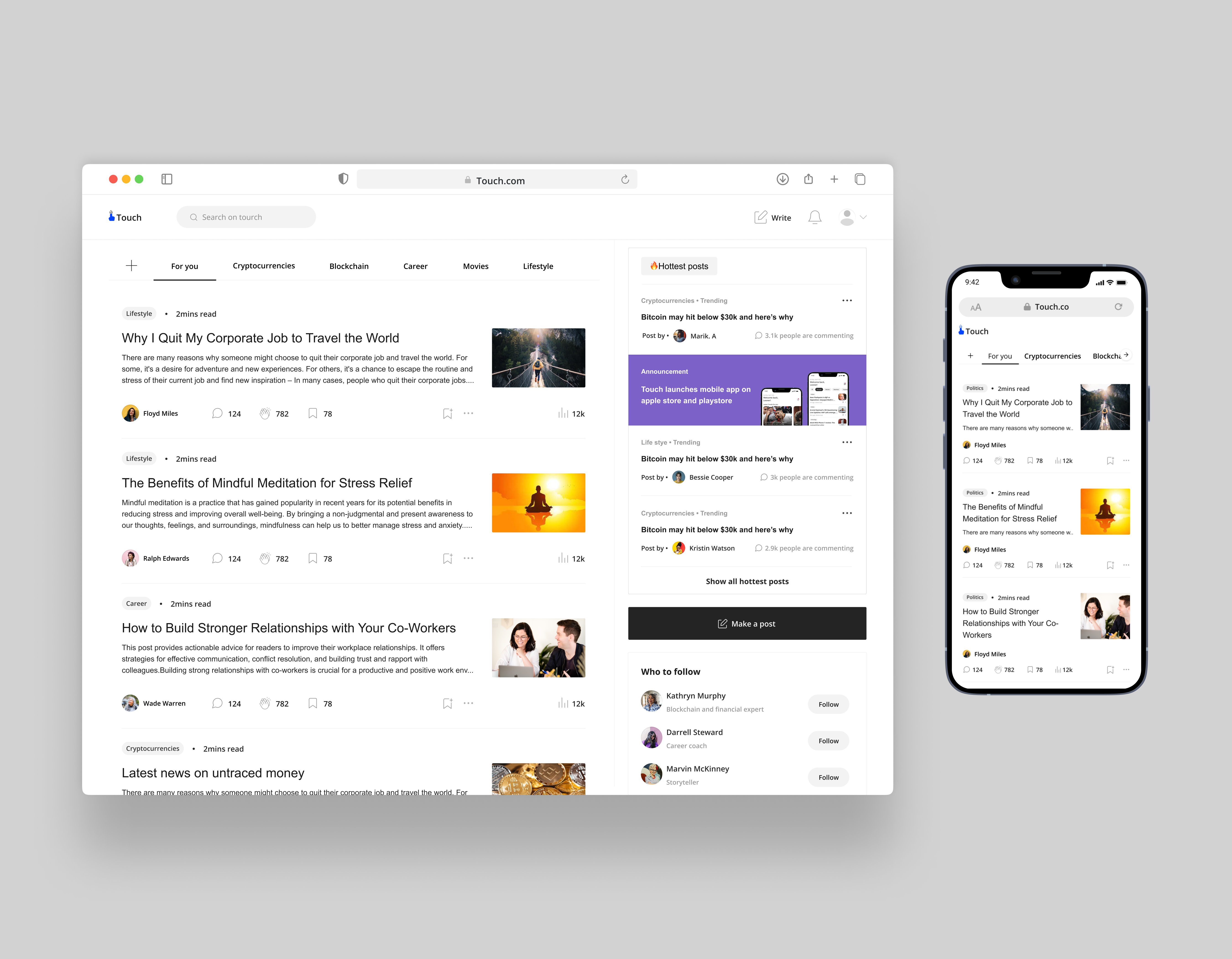 Touch blog ui design landing page responsive design ui uiux