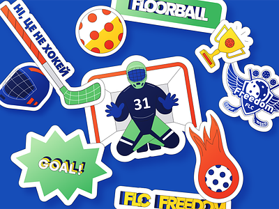 Floorball sticker set ball flat floorball goal goalkeeper graphic design sticker set stickers unihockey vector