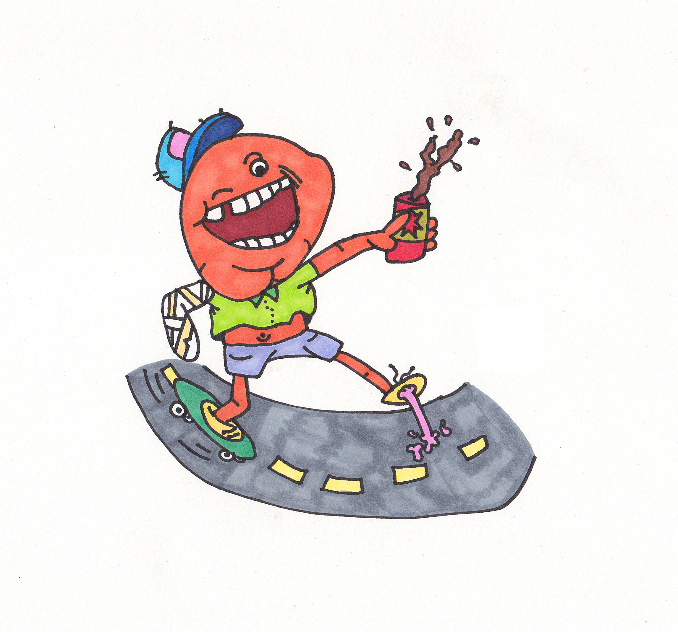 Be careful broken cap cartoon cast character drawing gum hand drawn hat illustration markers movement moving pop road skate skateboard soda spill wink