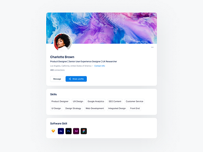 Profile Page 👩‍💻 button design design strategy figma google analytics integrated design message product designer senior sergushkin share profile skills software skill ui ui design user experience designer ux ux design ux researcher web development