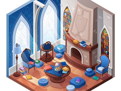 Ravenclaw Common Room harry potter hogwarts illustration isometric magic ravenclaw room