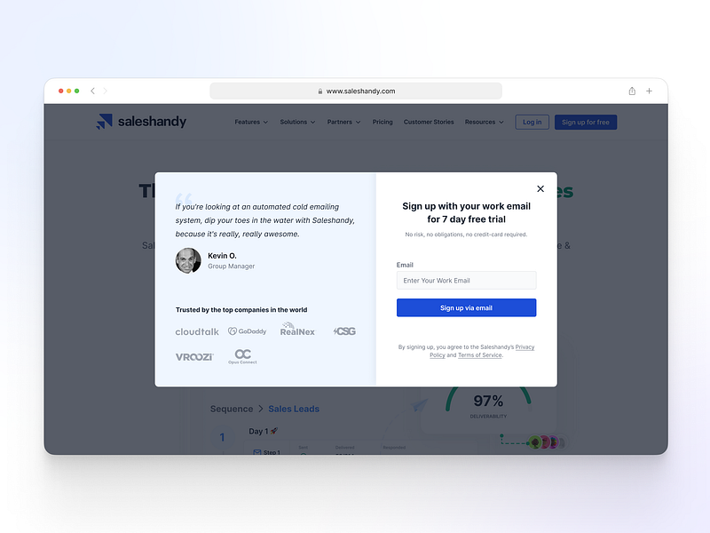Saleshandy Signup Modal b2b modal pop up product design saas sign up signup ui ui ux design ux