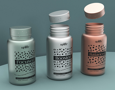 Upliftr Herbal Supplements 3d 3d rendering art direction branding cgi eco friendly packaging graphic design logo motion graphics packaging sustainable packaging