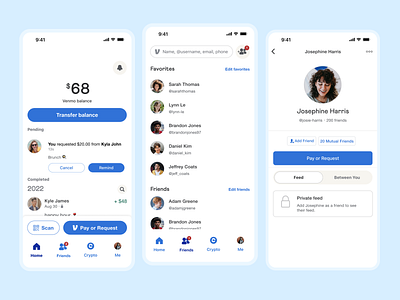 Venmo Redesign - Home, Favorites List, Mutual Friends fintech mobile ui uidesign uiux ux venmo