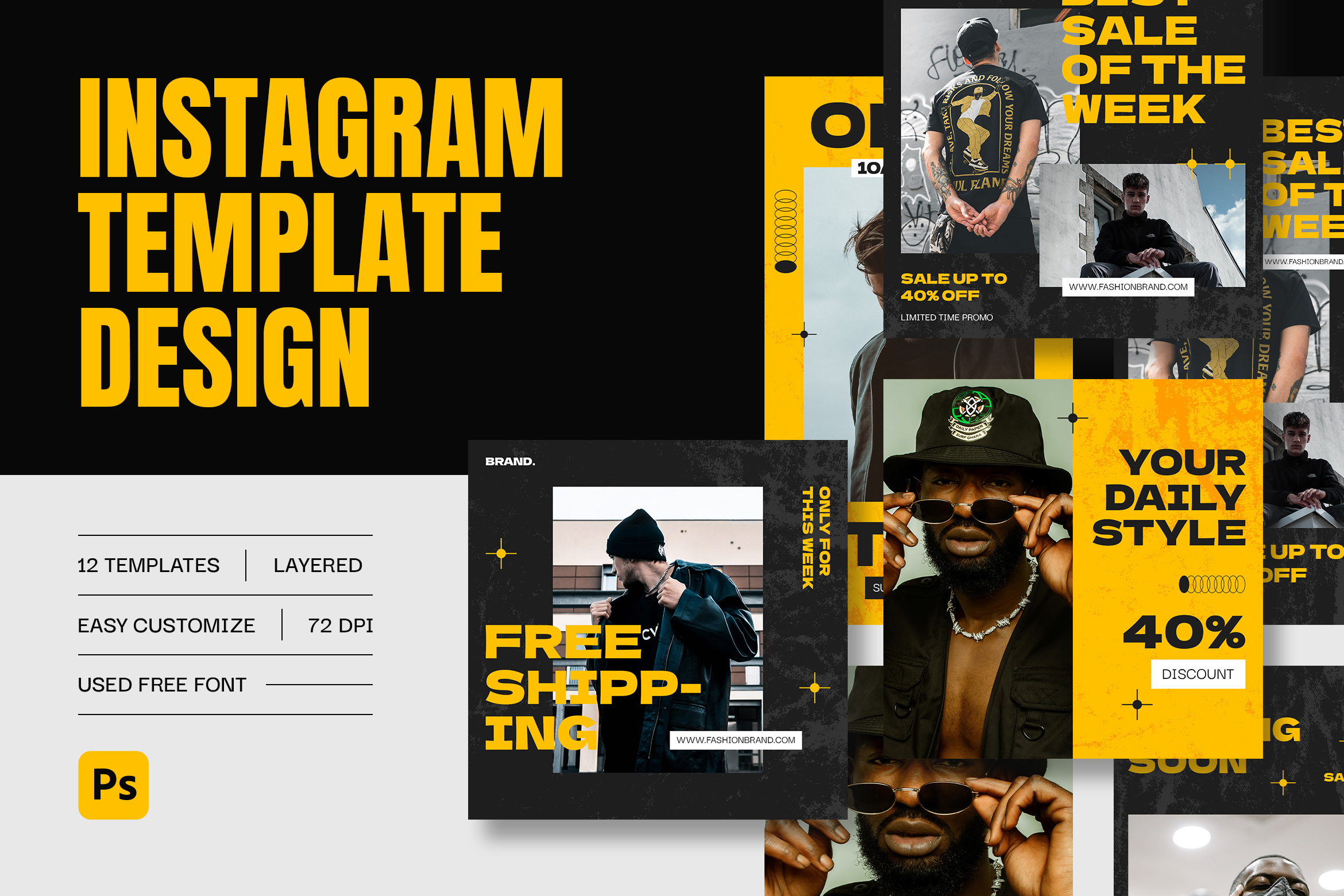 Streetwear Instagram Fashion Template Design ads advertising artist black brand branding fashion grunge hypebeast instagram marketing mens modern multipurpose post story streetwear style template yellow