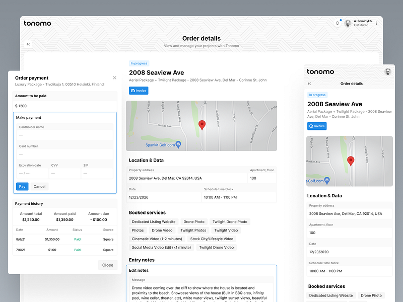 Tonomo: Order details booked services crm dashboard invoice order order details payment photography crm real estate saas self service booking tonomo