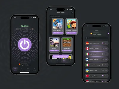 Gaming VPN App with Ads for Free Use on iOS animation app app design dark dark mode dark style game game boost games gaming gaming app gaming app interface graphic design ios mobile app mobile design motion graphics ui ux vpn