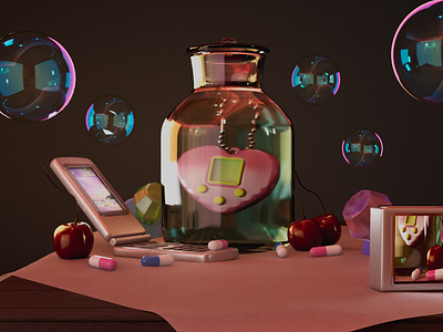 Still life in 3D 3d 3d model 90s flip phone maya render retro tech still life tamagotchi vintage tech