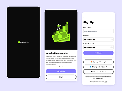 Micro-investing Fitness App Concept, StepInvest - Sign Up fintech fitness investing loading login mobile sign up ui uidesign uiux ux