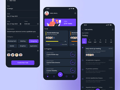 Task Management App app design blackmode mobile design mobileui project management app task management app time tracking app ui user experience