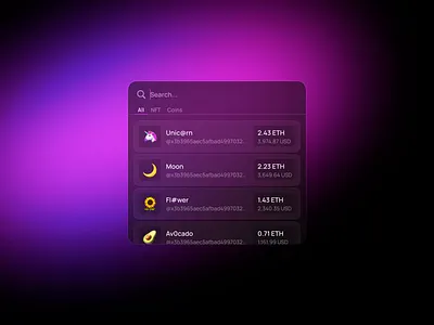 Token Search hash mesh gradient modal nft price search search bar tabs token