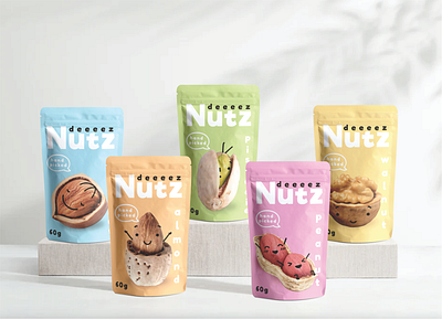 Nuts Pouch Packaging Design - Deez Nutz design food packagin fun nuts packaging design fun packaging graphic design healthy food illustration illustration art nuts packaging packaging packaging design pastel packaging playful packaging pouch packaging vector
