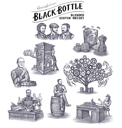 Black Bottle Whisky Illustrations by Steven Noble artwork design engraving etching icons illustration illustrator ink line art logo scratchboard steven noble woodcut