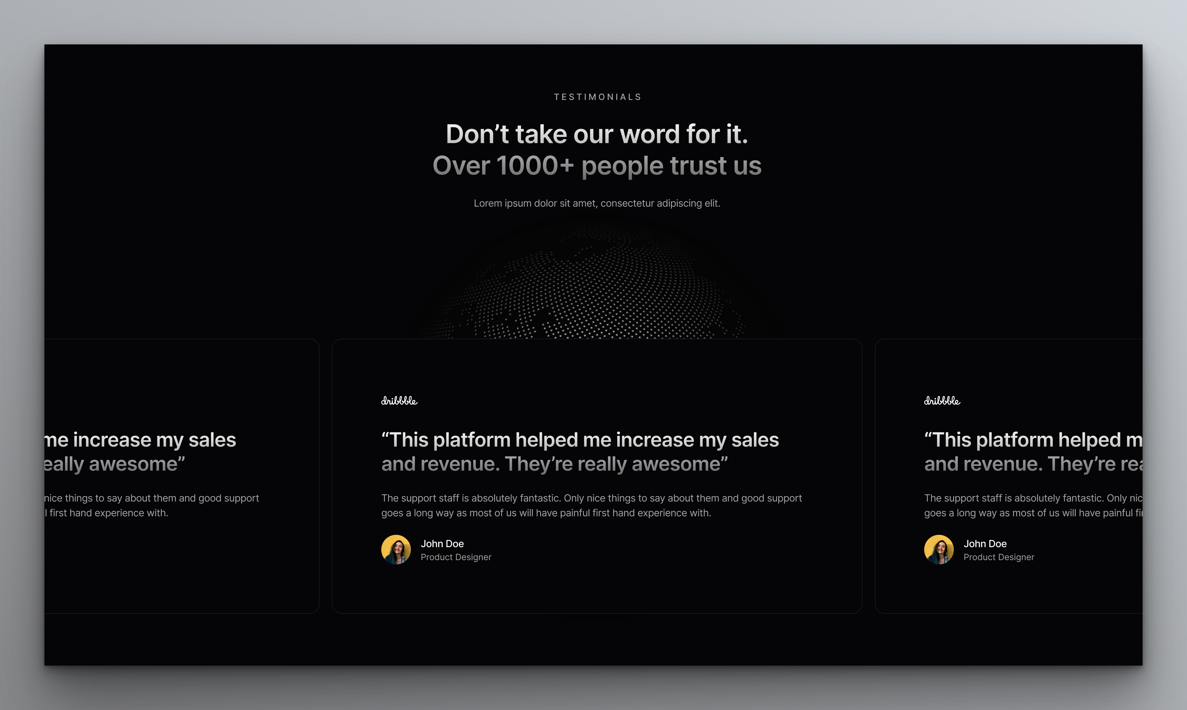 Testimonials Section carousel dark mode design system framer framer template gradient landing page saas slider template testimonials
