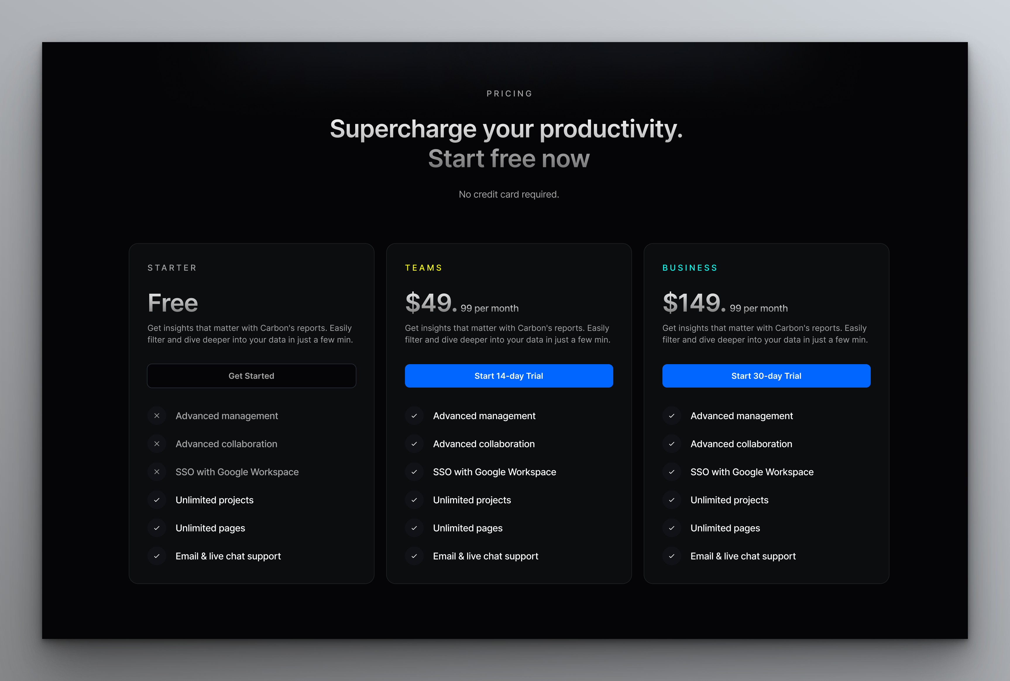Pricing Section billing dark dark landing page dark mode framer framer template gradient landing page pricing pricing table productivity saas saas landing page table template
