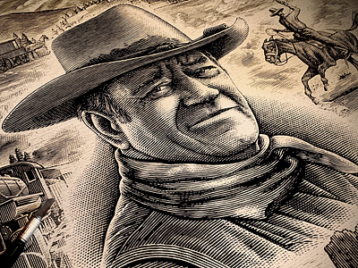 The John Wayne Commemorative Poster by Steven Noble artwork design engraving etching illustration line art logo people portrait portraiture portrature scratchboard steven noble