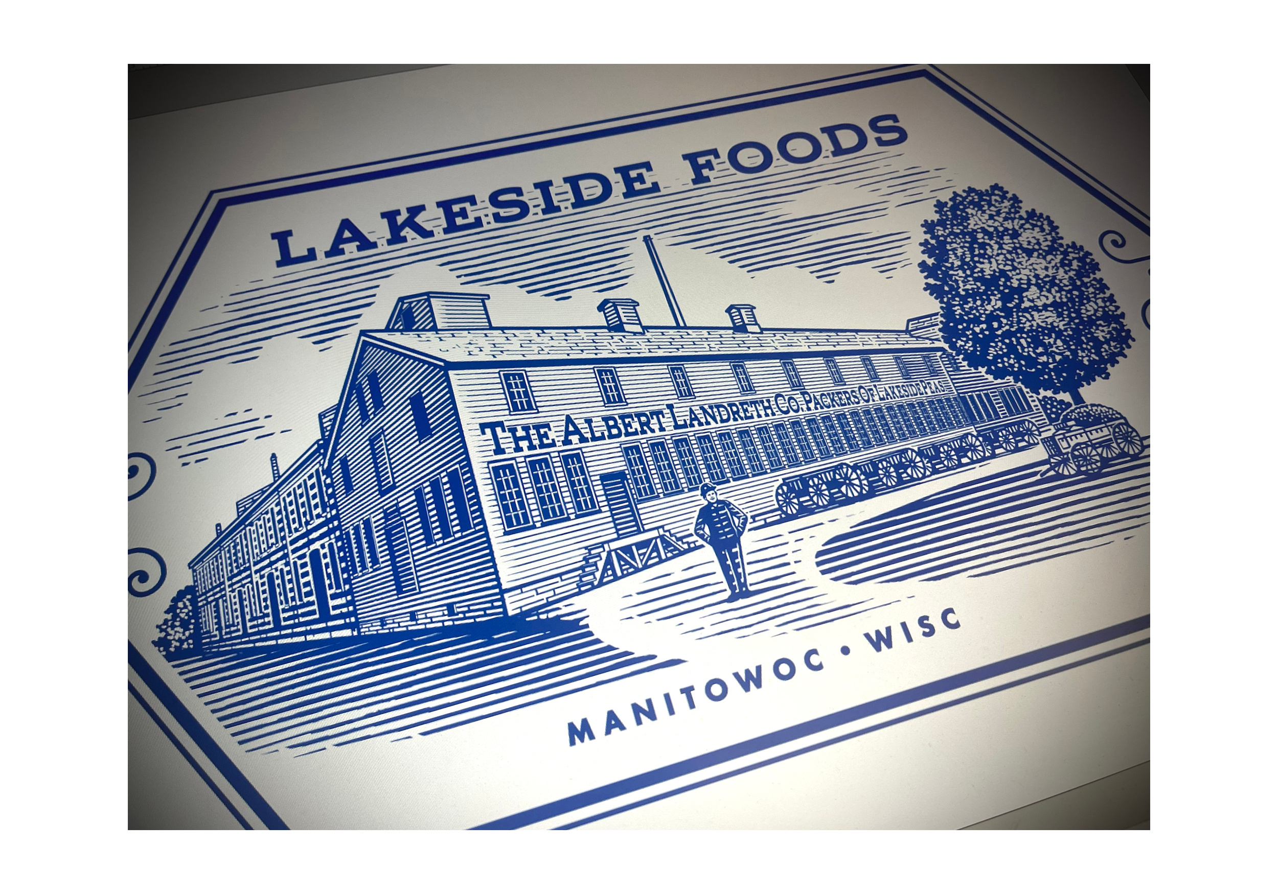 Lakeside Foods Illustrated by Steven Noble architecture artist artwork black and white brandmark design engraving etching illustration illustrator ink line art logo logomark scratchboard steven noble vintage