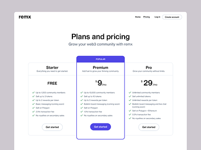 remx plans branding checkmarks community crypto design graphic design grid nft pricing table value web3 website design