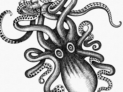 Kraken Rum Illustration by Steven Noble artist artwork crosshatch design engraving etching illustration illustrator ink kraken kraken rum line art linocut logo octopus scratchboard steven noble woodcut
