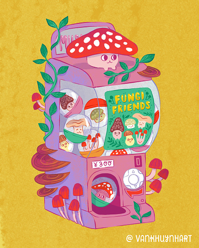 Fungi Friends Gachapon Machine art artwork digital art digital illustration digital painting fungi gachapon illustration kawaii art mushroom